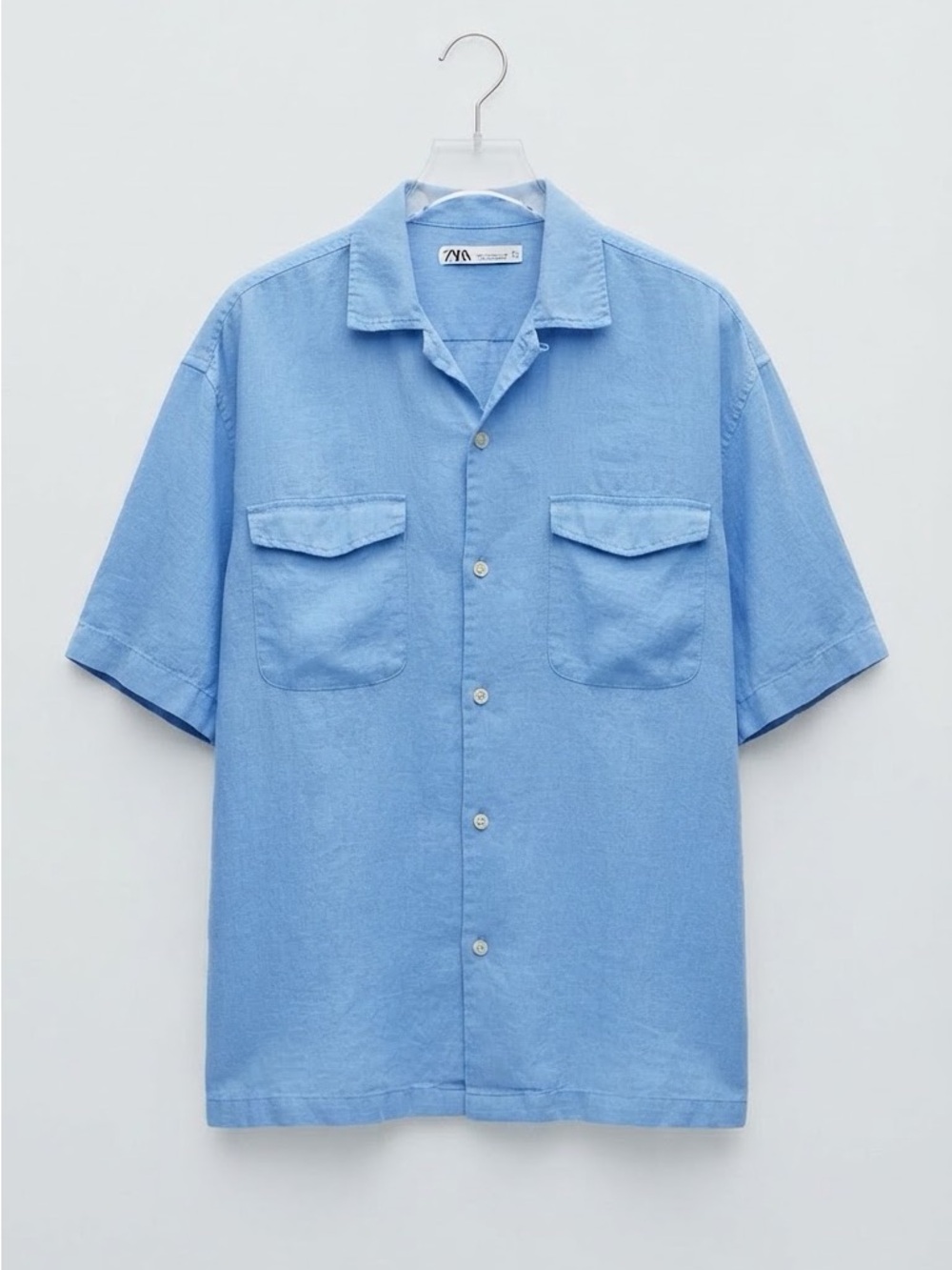 Zara Sky Blue Short-Sleeve Camp Collar Button-Down Shirt